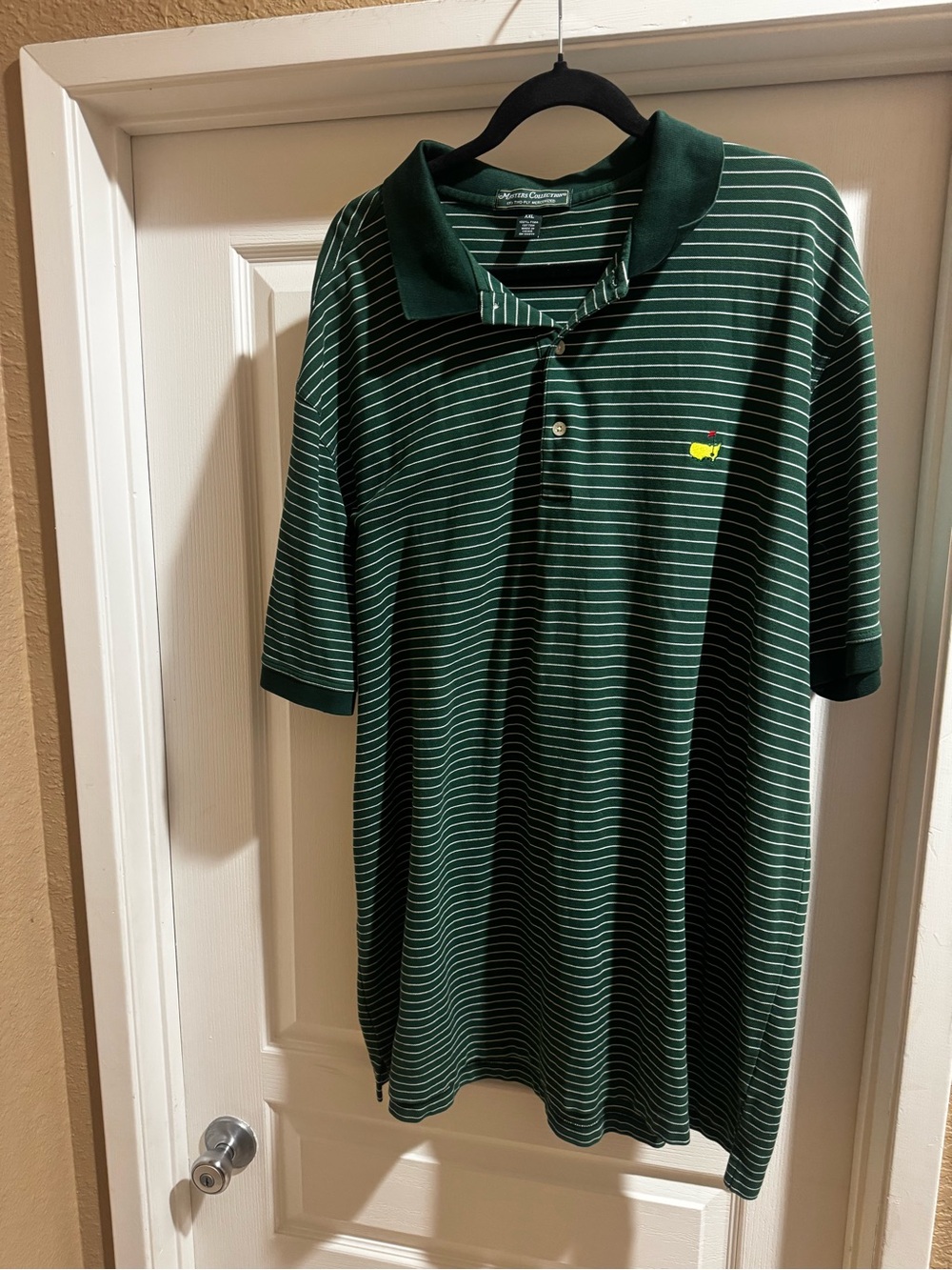Masters Golf Green Striped Polo Shirt with Yellow Masters Logo